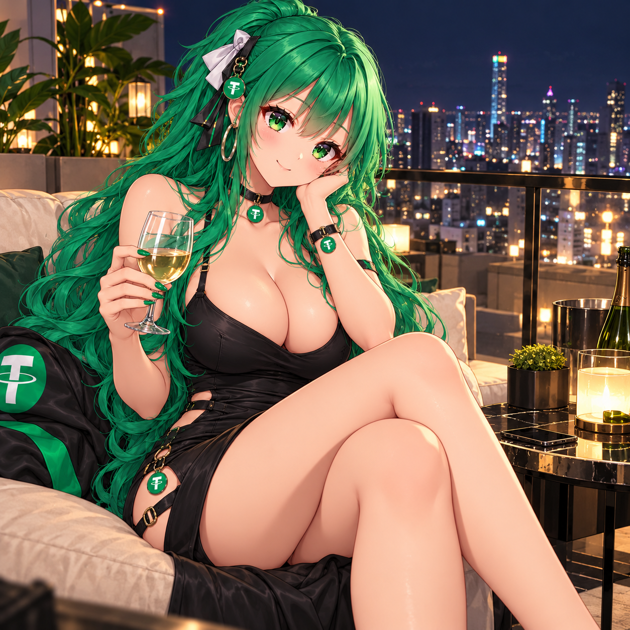 Green-haired USDT girl with a glass of champagne on a night city rooftop